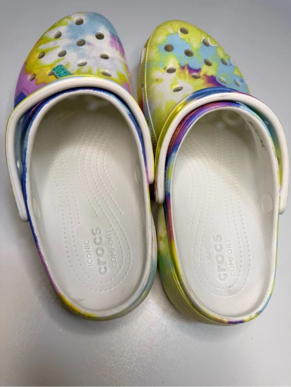 CROCS Tie-Dye Platform Clogs in Yellow, Purple, Blue